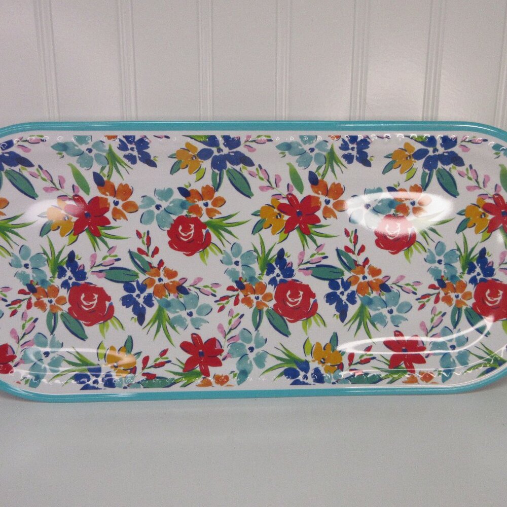 Pioneer Woman Birthday Rectangular Platter Teal Floral Melamine Tray 17" x 7.38"